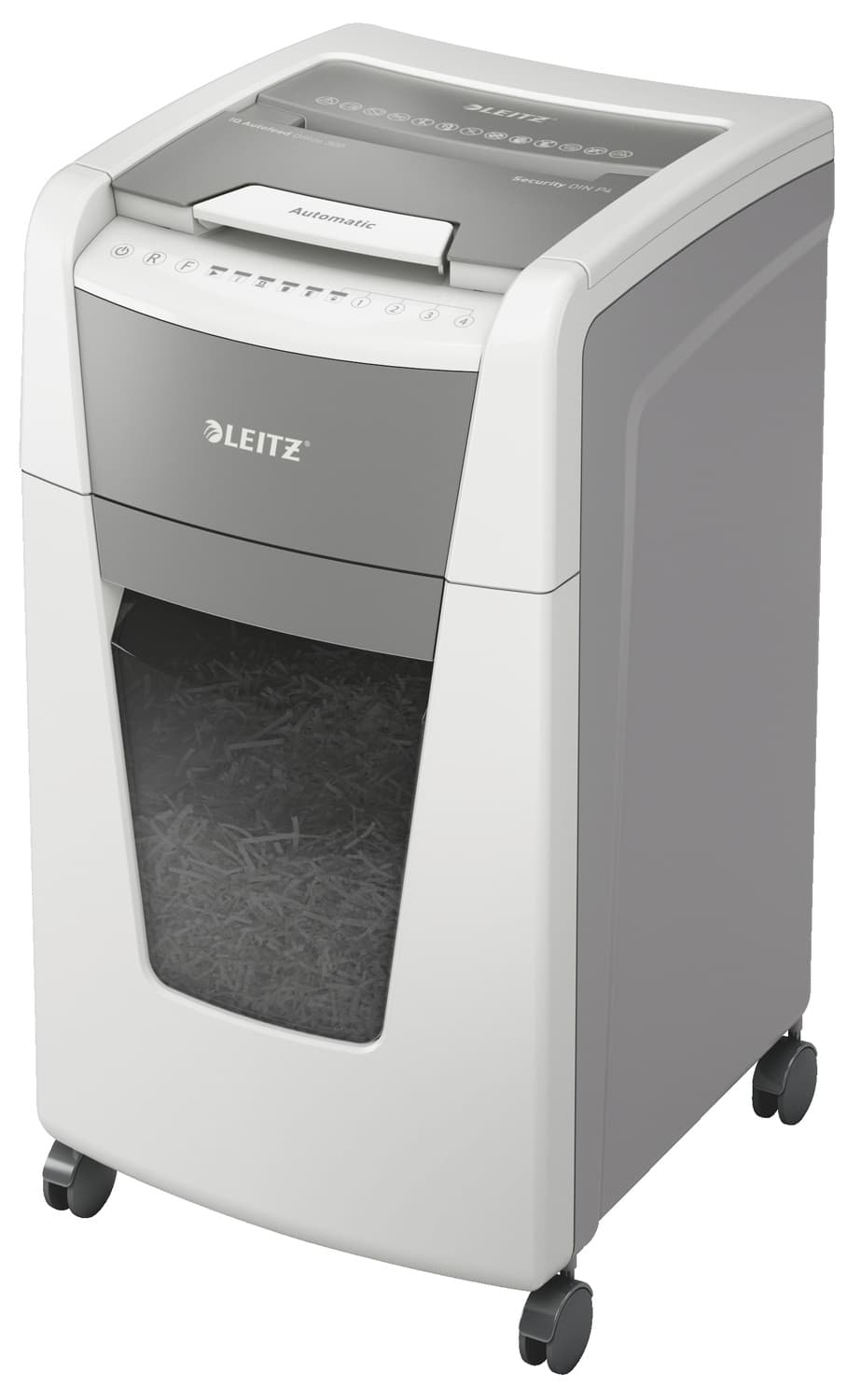 Distrugator automat documente Leitz IQ Office, 300 coli, P4, cross-cut (tip confeti), cos 60 litri, alb-gri, Leitz "80150000"