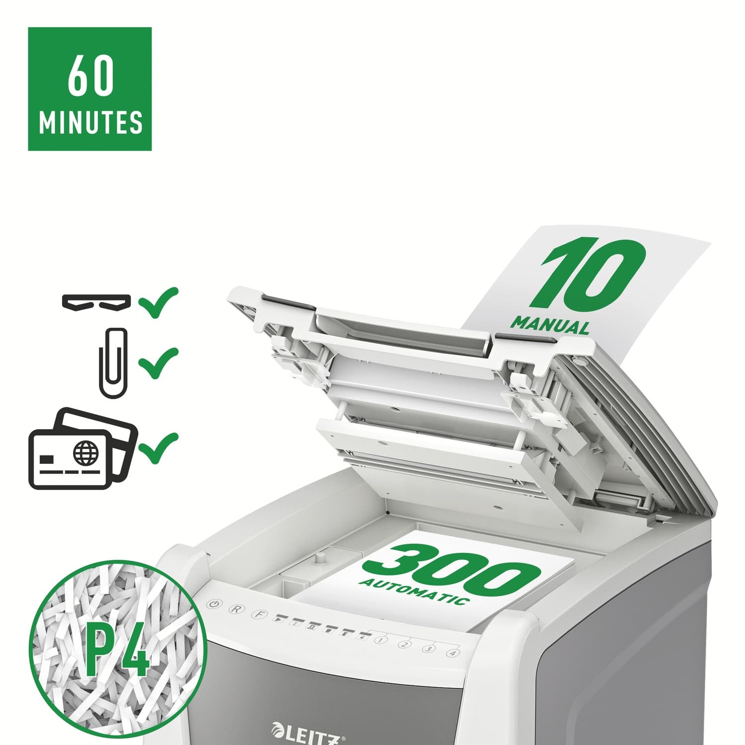 Distrugator automat documente Leitz IQ Office, 300 coli, P4, cross-cut (tip confeti), cos 60 litri, alb-gri, Leitz "80150000" — miniatură