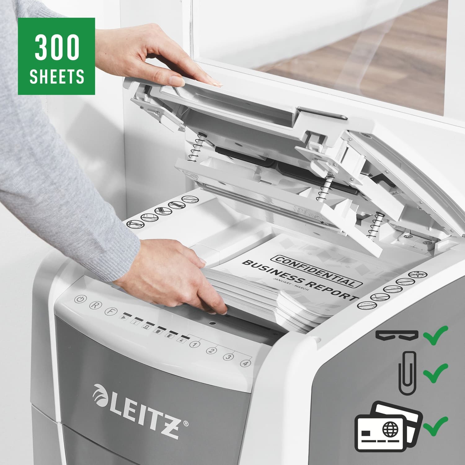Distrugator automat documente Leitz IQ Office, 300 coli, P4, cross-cut (tip confeti), cos 60 litri, alb-gri, Leitz "80150000" — miniatură