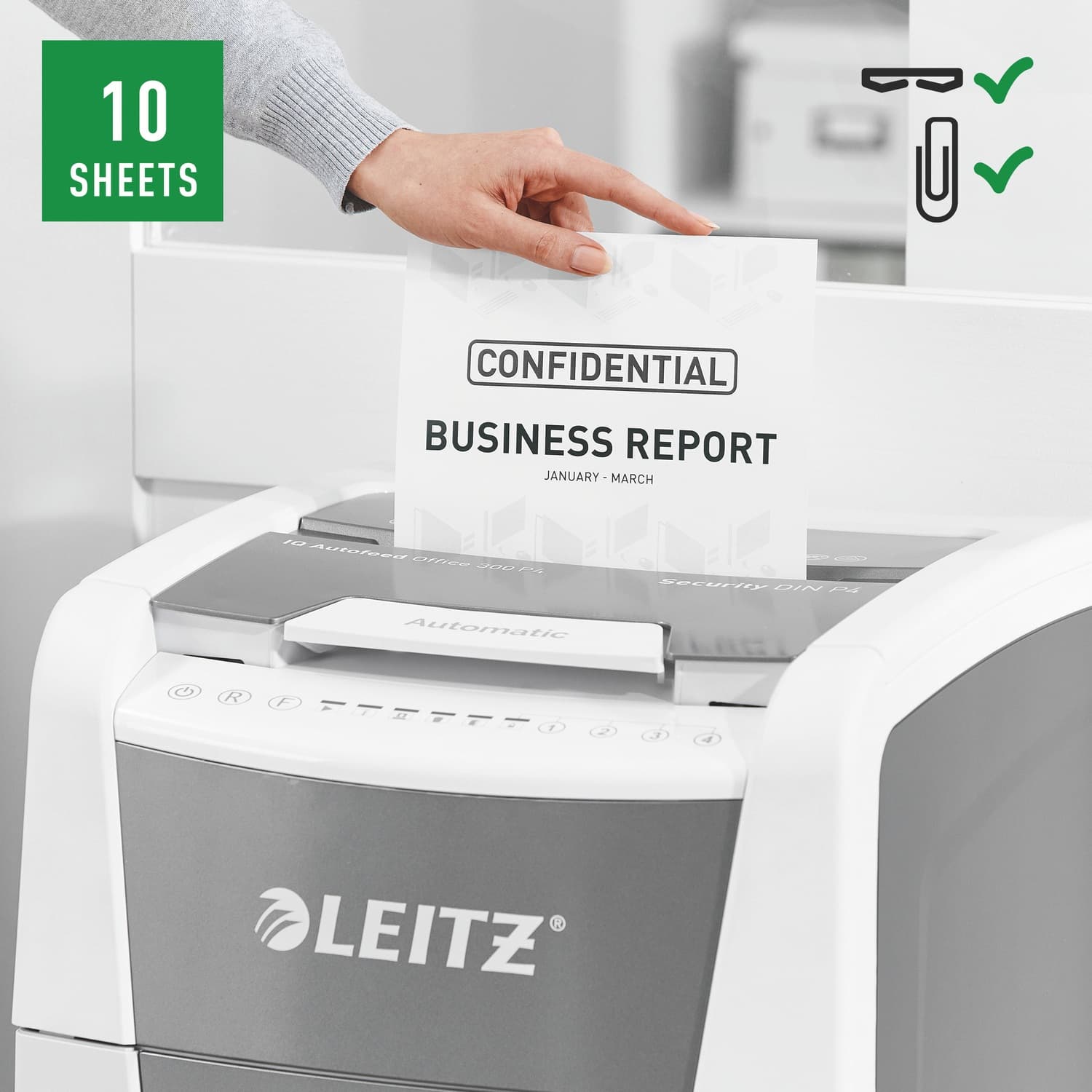 Distrugator automat documente Leitz IQ Office, 300 coli, P4, cross-cut (tip confeti), cos 60 litri, alb-gri, Leitz "80150000" — miniatură