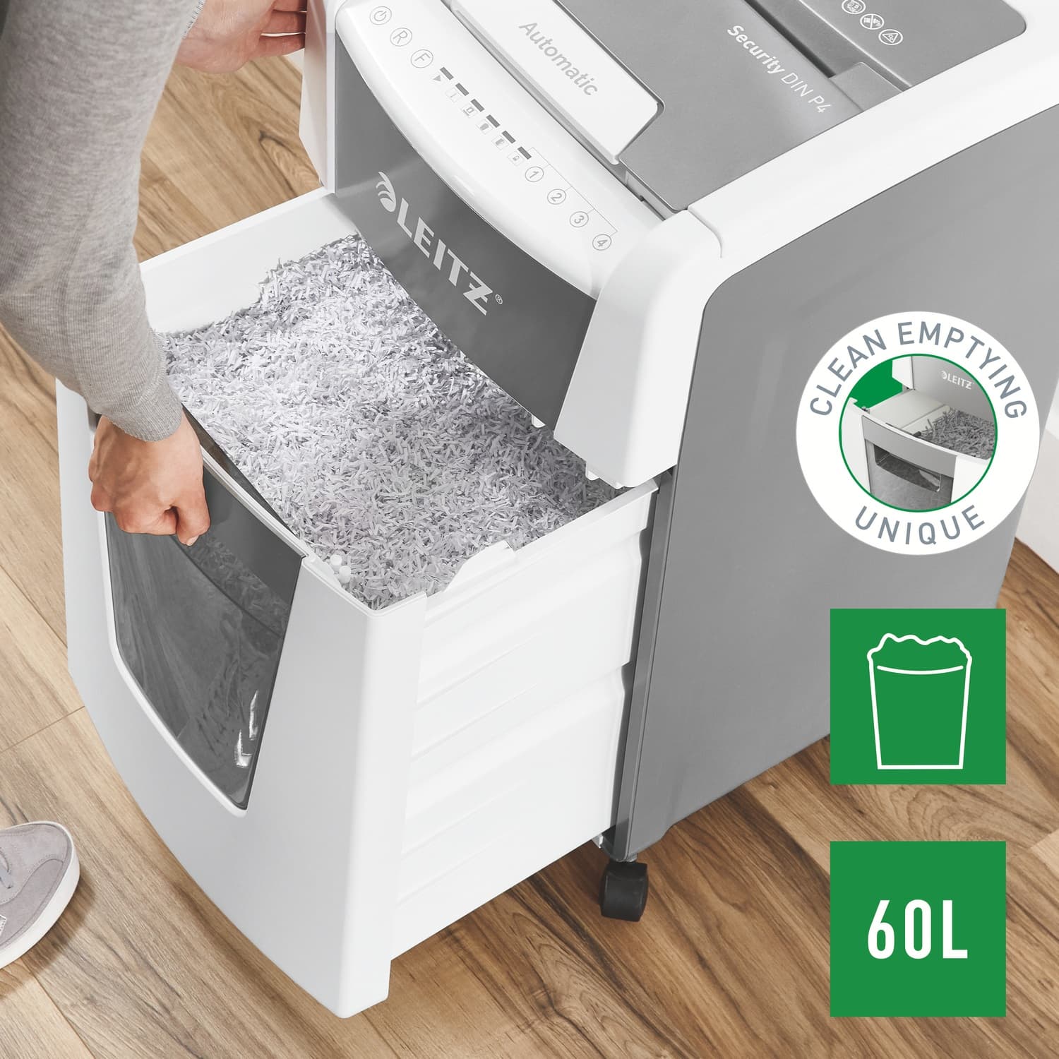 Distrugator automat documente Leitz IQ Office, 300 coli, P4, cross-cut (tip confeti), cos 60 litri, alb-gri, Leitz "80150000" — miniatură