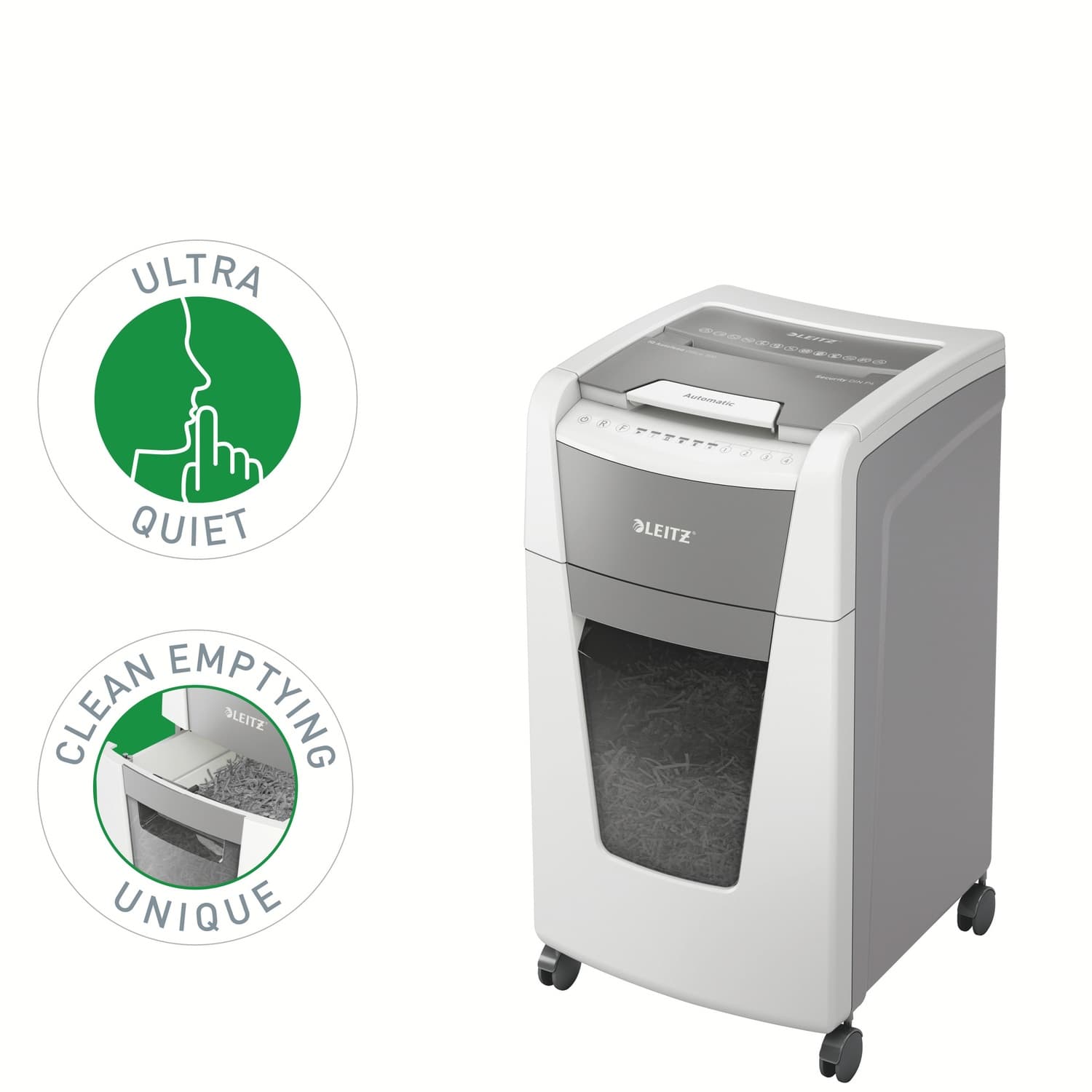 Distrugator automat documente Leitz IQ Office, 300 coli, P4, cross-cut (tip confeti), cos 60 litri, alb-gri, Leitz "80150000" — miniatură
