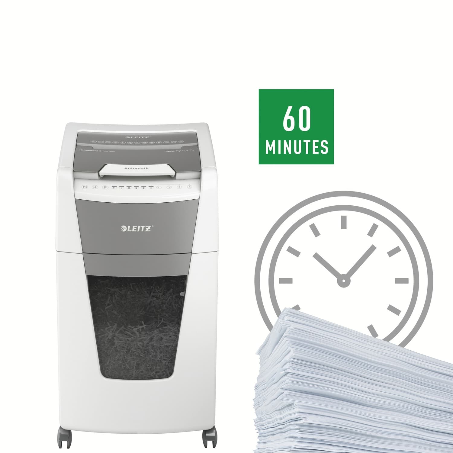 Distrugator automat documente Leitz IQ Office, 300 coli, P4, cross-cut (tip confeti), cos 60 litri, alb-gri, Leitz "80150000" — miniatură