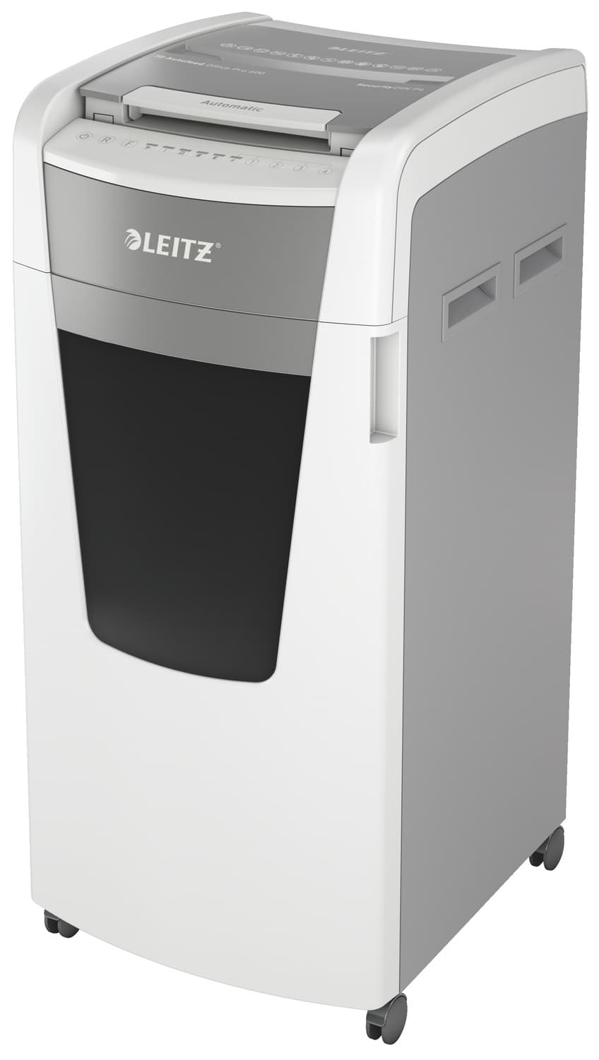Distrugator automat documente Leitz IQ Office, 600 coli, P4, cross-cut (tip confeti), cos 110 litri, alb-gri, Leitz "80170000"