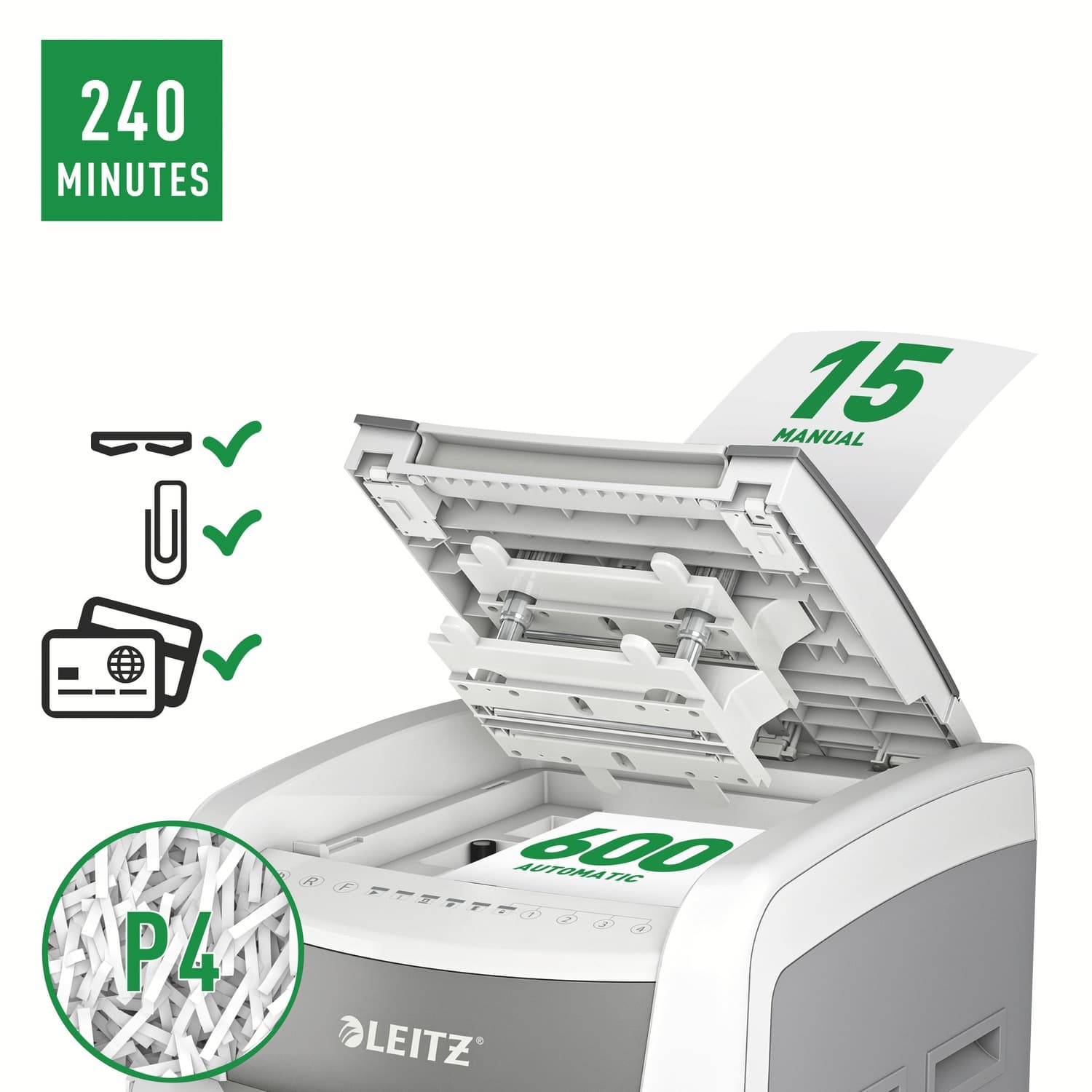 Distrugator automat documente Leitz IQ Office, 600 coli, P4, cross-cut (tip confeti), cos 110 litri, alb-gri, Leitz "80170000" — miniatură