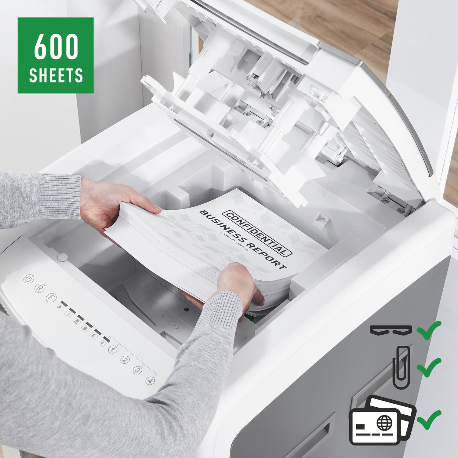 Distrugator automat documente Leitz IQ Office, 600 coli, P4, cross-cut (tip confeti), cos 110 litri, alb-gri, Leitz "80170000" — miniatură