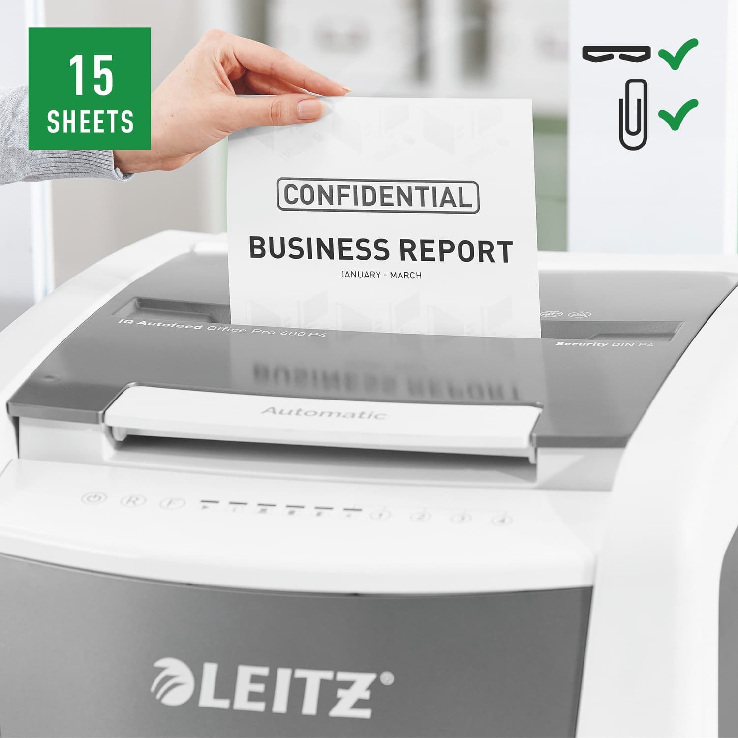 Distrugator automat documente Leitz IQ Office, 600 coli, P4, cross-cut (tip confeti), cos 110 litri, alb-gri, Leitz "80170000" — miniatură