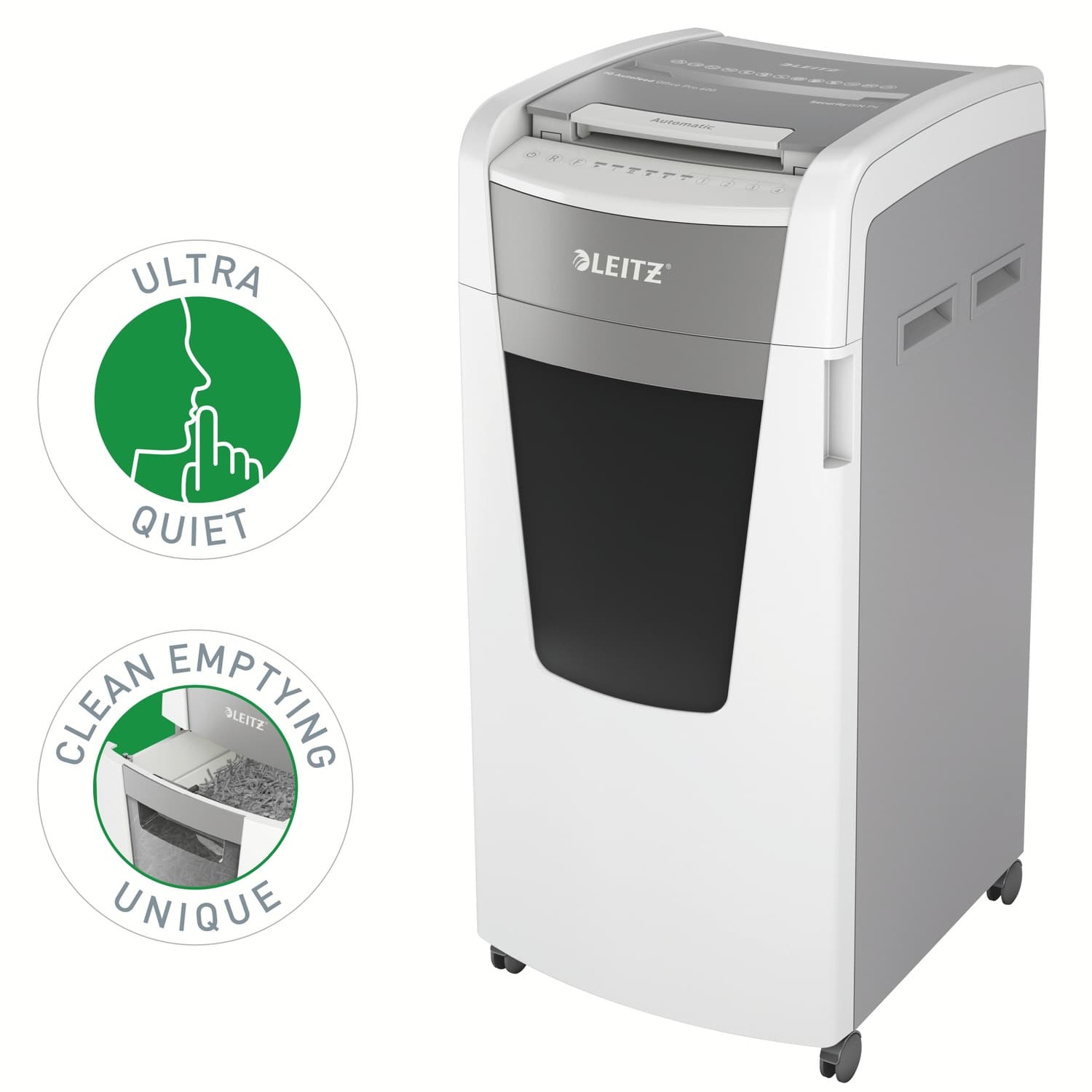 Distrugator automat documente Leitz IQ Office, 600 coli, P4, cross-cut (tip confeti), cos 110 litri, alb-gri, Leitz "80170000" — miniatură
