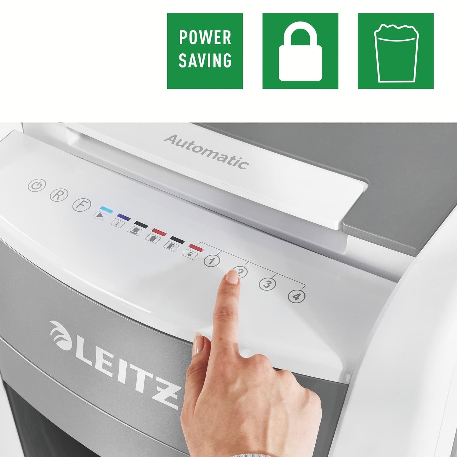 Distrugator automat documente Leitz IQ Office, 600 coli, P4, cross-cut (tip confeti), cos 110 litri, alb-gri, Leitz "80170000" — miniatură