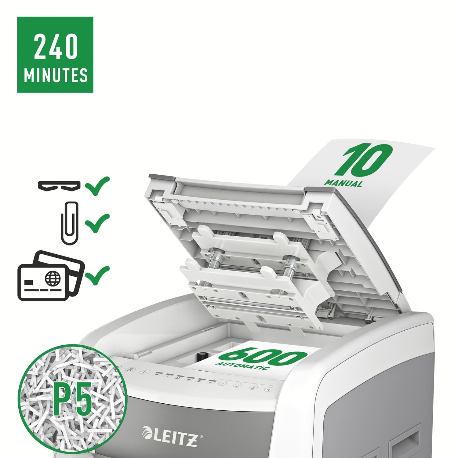 Distrugator automat documente Leitz IQ Office, 600 coli, P5, micro-cut (tip particule), cos 110 litri, alb-gri, Leitz "80180000" — miniatură