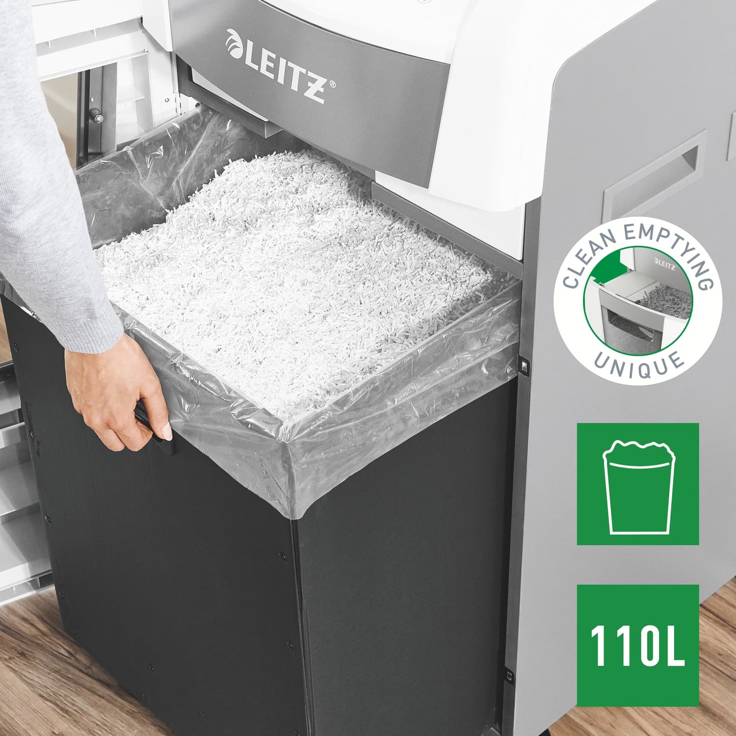 Distrugator automat documente Leitz IQ Office, 600 coli, P5, micro-cut (tip particule), cos 110 litri, alb-gri, Leitz "80180000" — miniatură