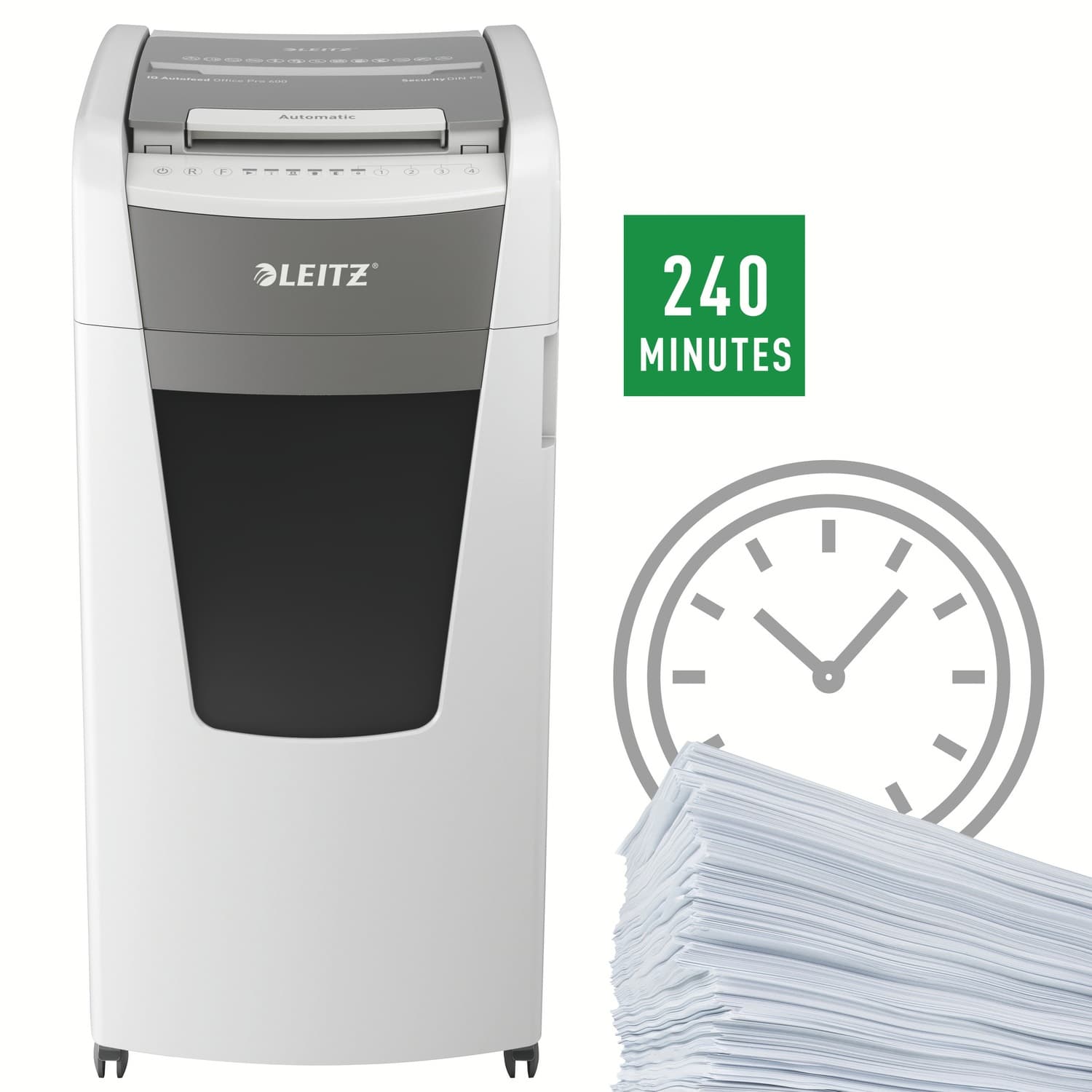Distrugator automat documente Leitz IQ Office, 600 coli, P5, micro-cut (tip particule), cos 110 litri, alb-gri, Leitz "80180000" — miniatură