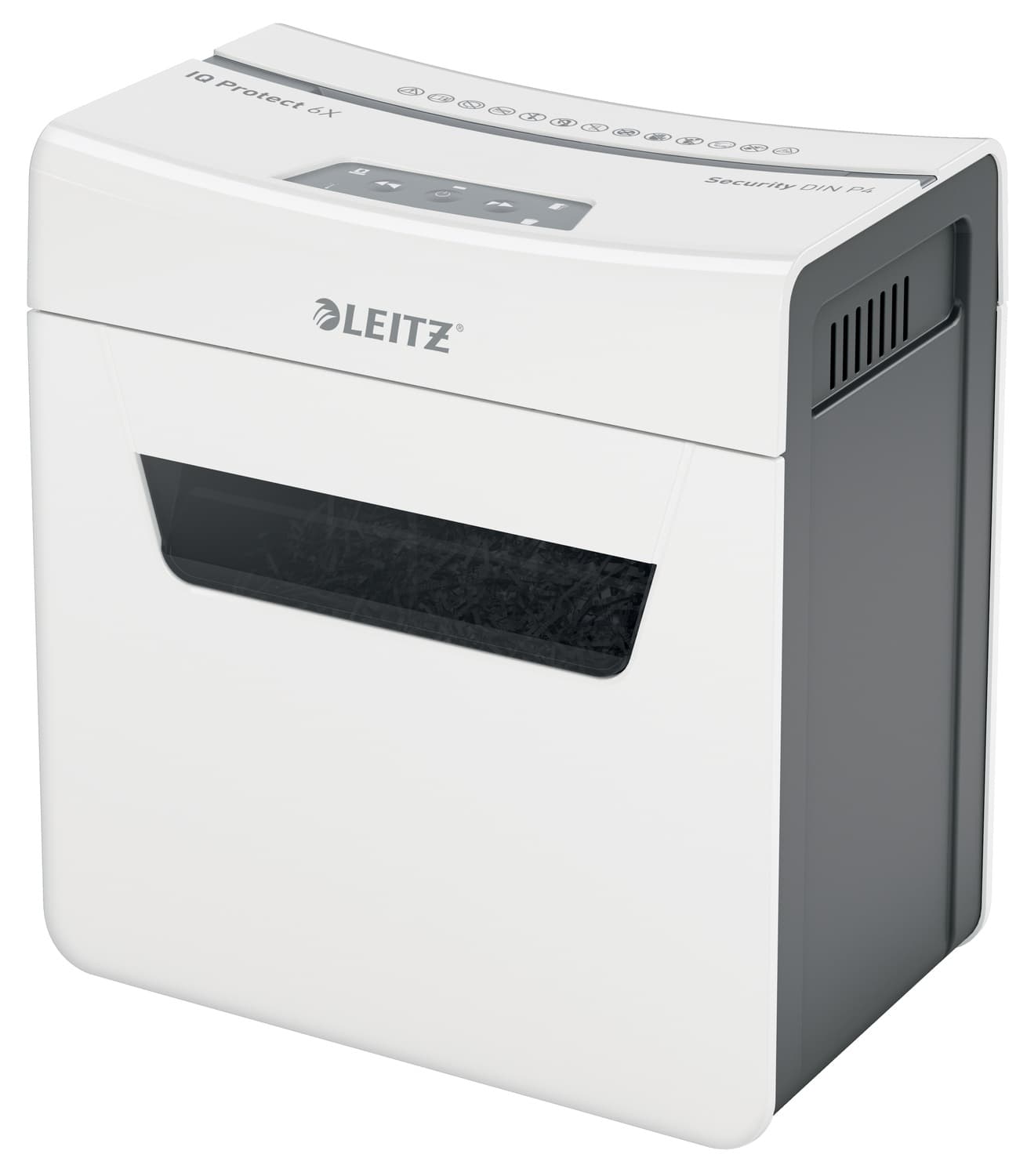 Distrugator manual documente Leitz IQ Protect 6X, 6 coli, P4, cross-cut (tip confeti), cos 10 litri, alb, Leitz "880900000"