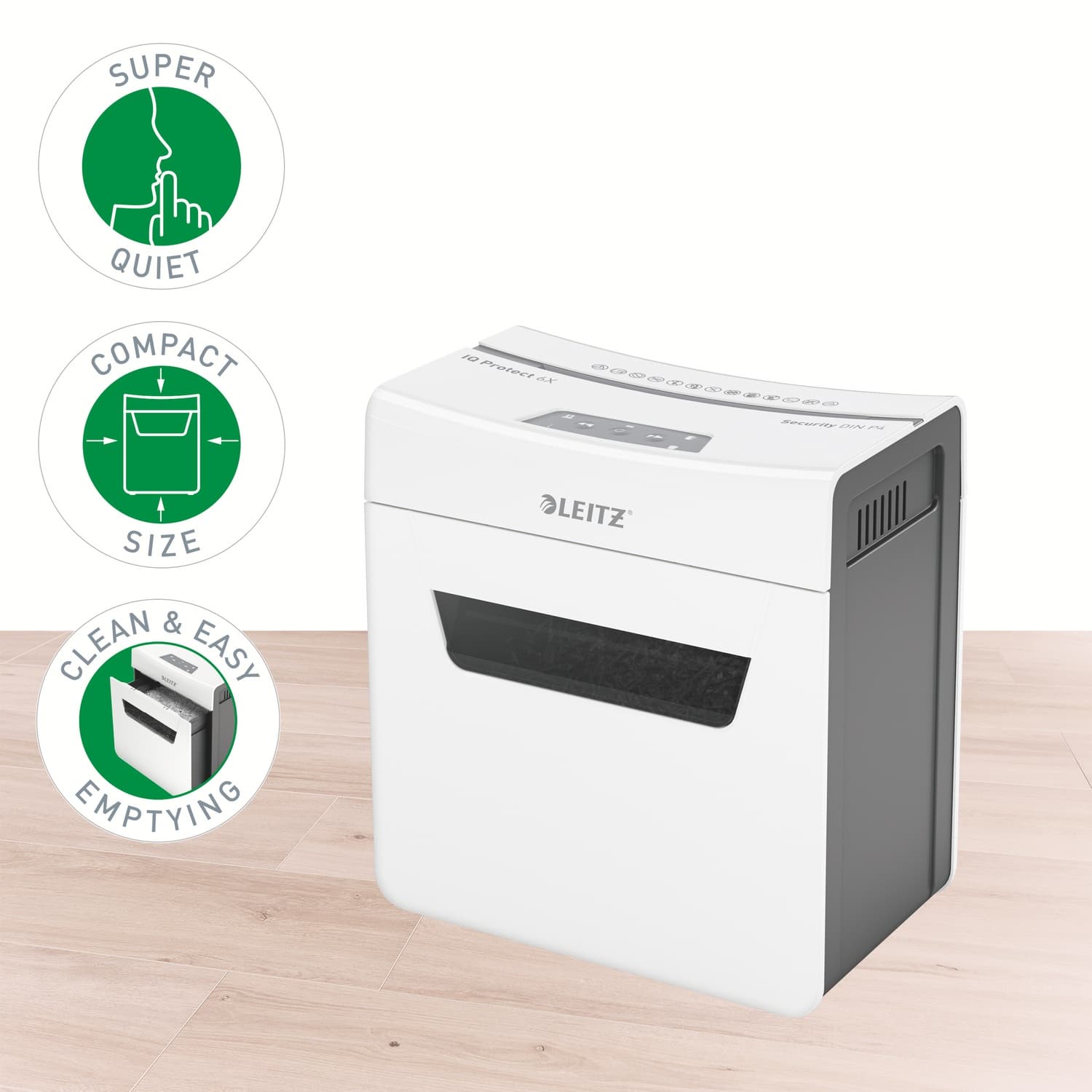 Distrugator manual documente Leitz IQ Protect 6X, 6 coli, P4, cross-cut (tip confeti), cos 10 litri, alb, Leitz "880900000" — miniatură
