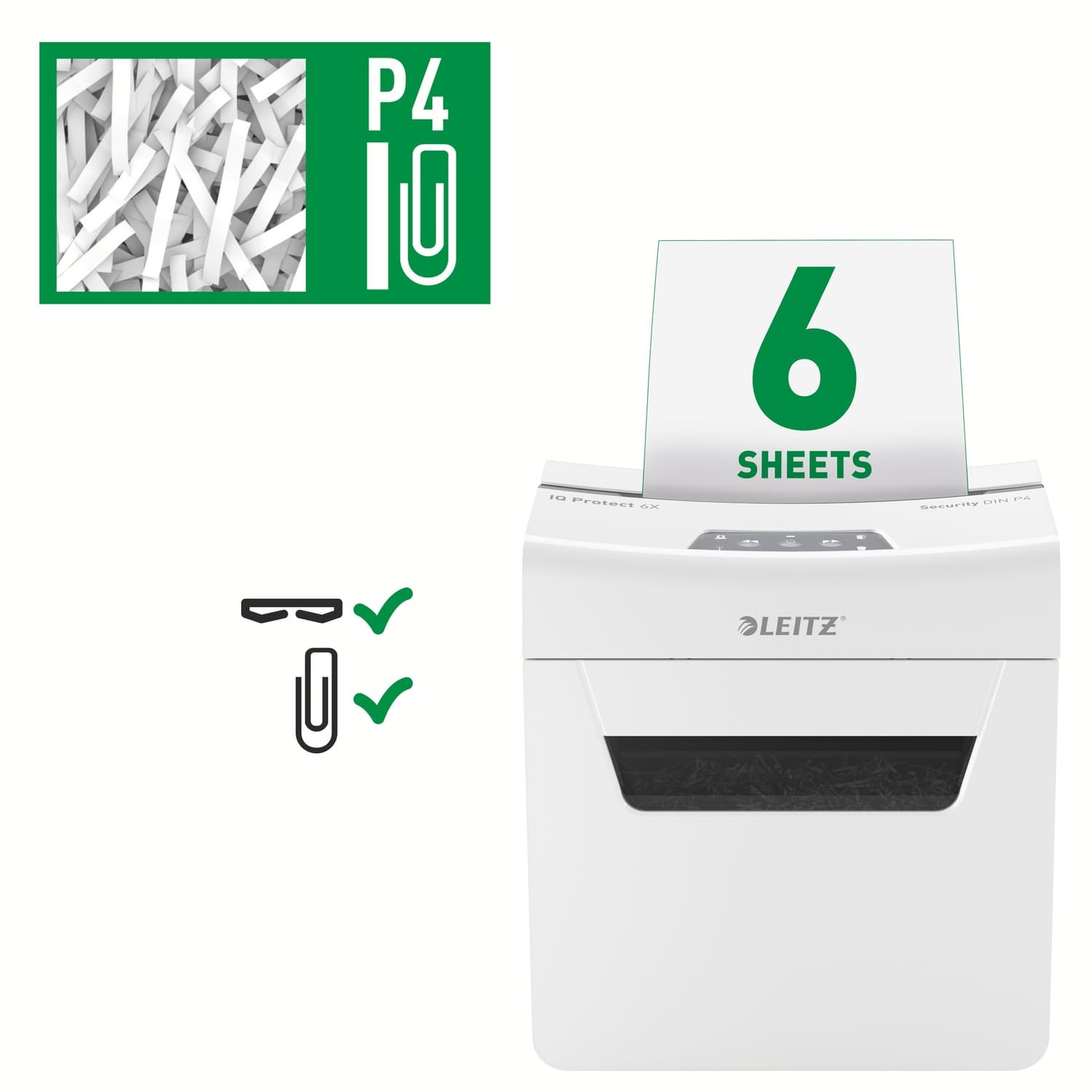 Distrugator manual documente Leitz IQ Protect 6X, 6 coli, P4, cross-cut (tip confeti), cos 10 litri, alb, Leitz "880900000" — miniatură