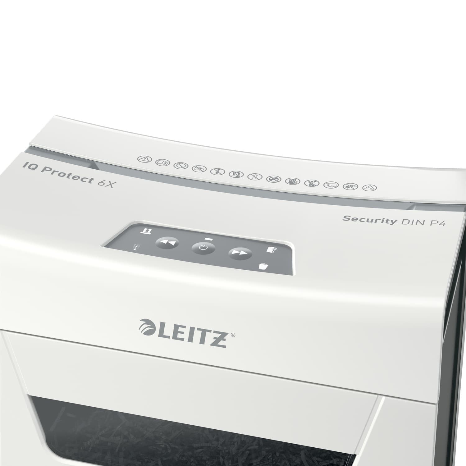 Distrugator manual documente Leitz IQ Protect 6X, 6 coli, P4, cross-cut (tip confeti), cos 10 litri, alb, Leitz "880900000" — miniatură