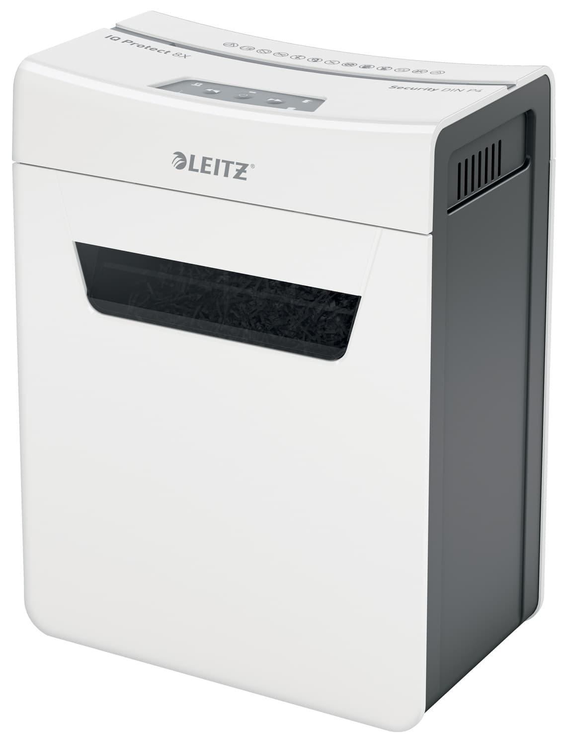 Distrugator manual documente Leitz IQ Protect 8X, 8 coli, P4, cross-cut (tip confeti), cos 14 litri, alb, Leitz "80910000"