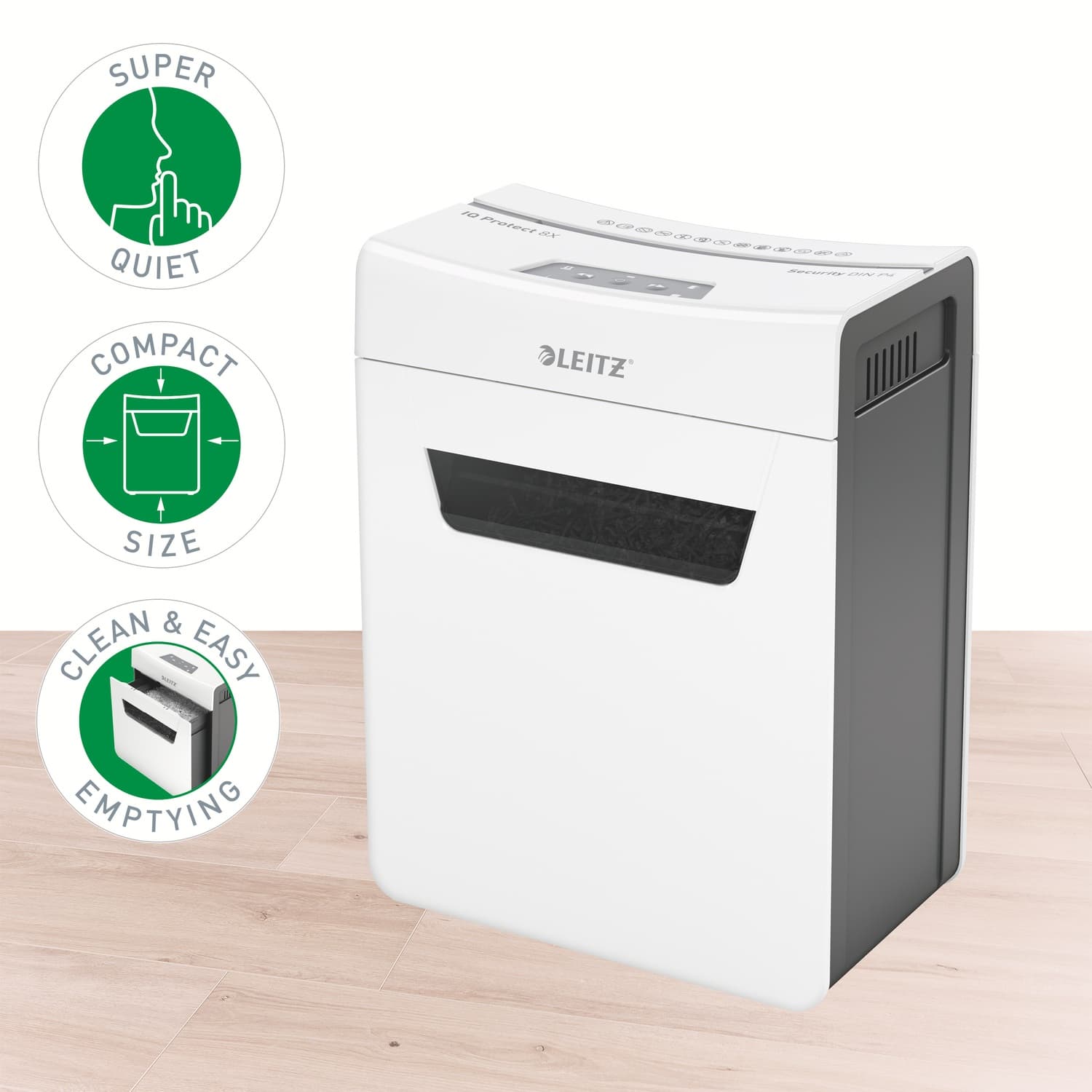 Distrugator manual documente Leitz IQ Protect 8X, 8 coli, P4, cross-cut (tip confeti), cos 14 litri, alb, Leitz "80910000" — miniatură