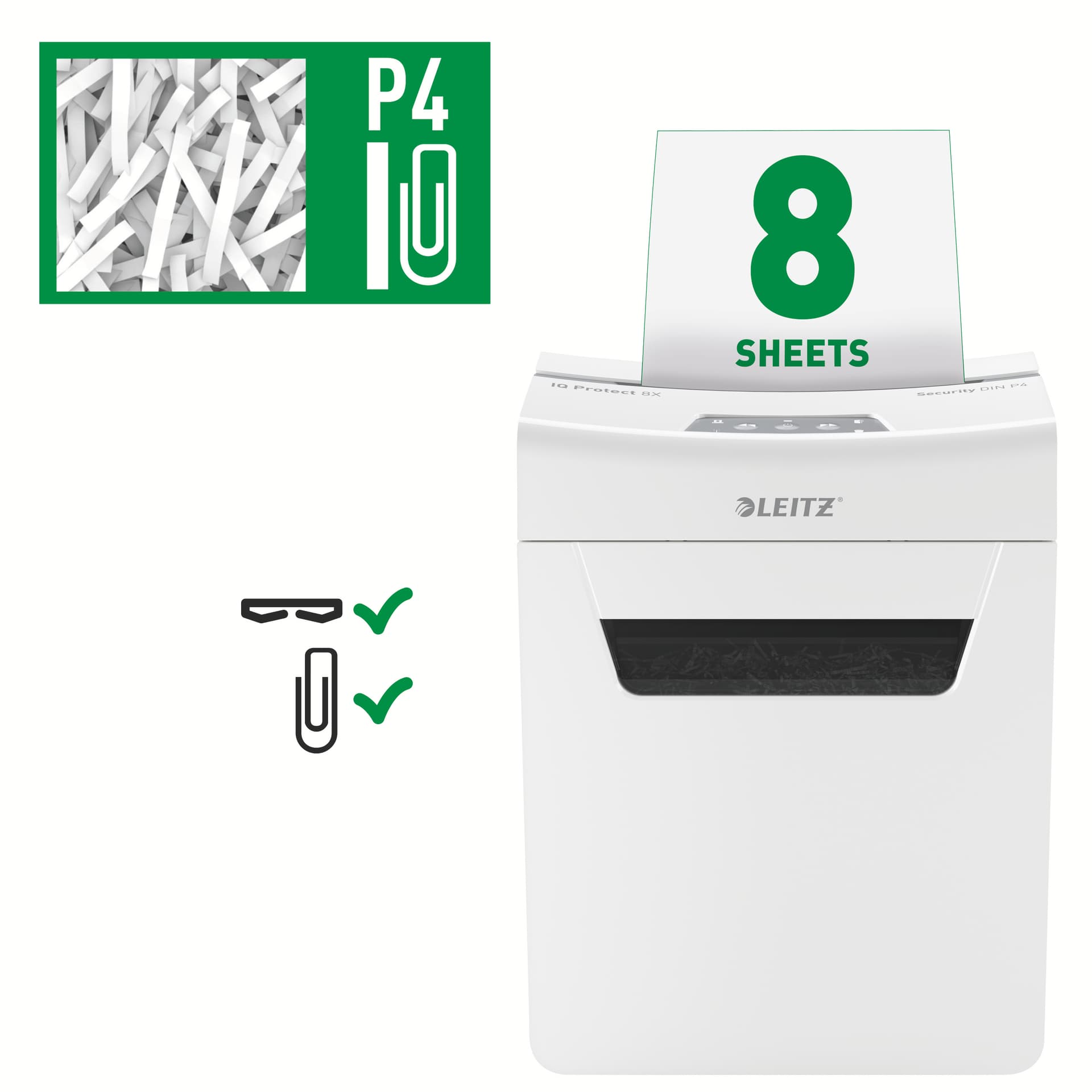 Distrugator manual documente Leitz IQ Protect 8X, 8 coli, P4, cross-cut (tip confeti), cos 14 litri, alb, Leitz "80910000" — miniatură