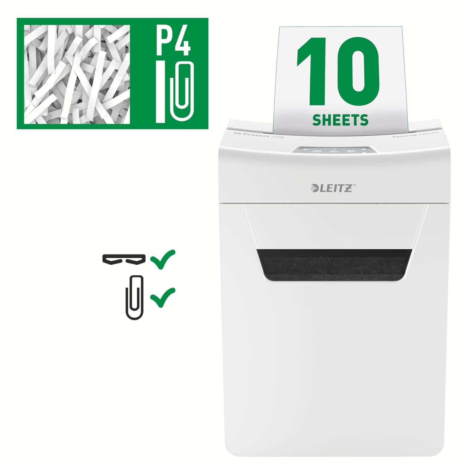 Distrugator manual documente Leitz IQ Protect 10X, 10 coli, P4, cross-cut (tip confeti), cos 18 litri, alb, Leitz "80920000" — miniatură