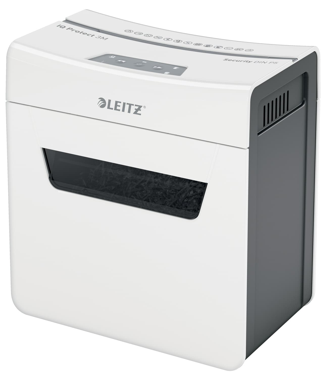 Distrugator manual documente Leitz IQ Protect 3M, 3 coli, P5, micro-cut (tip particule), cos 10 litri, alb, Leitz "80930000"