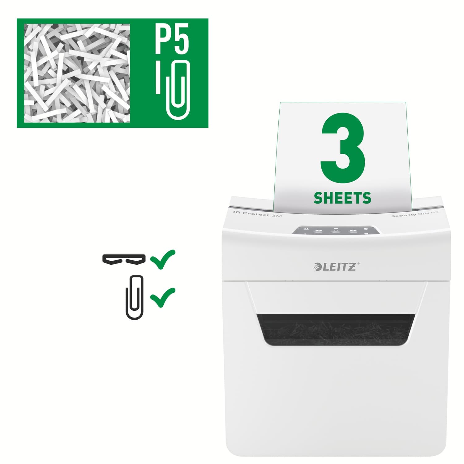 Distrugator manual documente Leitz IQ Protect 3M, 3 coli, P5, micro-cut (tip particule), cos 10 litri, alb, Leitz "80930000" — miniatură