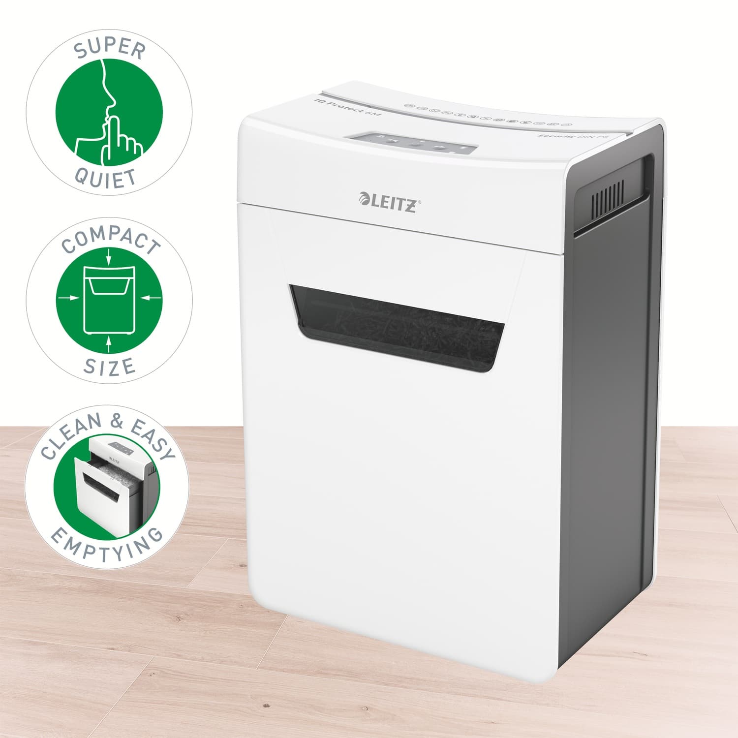 Distrugator manual documente Leitz IQ Protect 6M, 6 coli, P5, micro-cut (tip particule), cos 18 litri, alb, Leitz "80950000" — miniatură