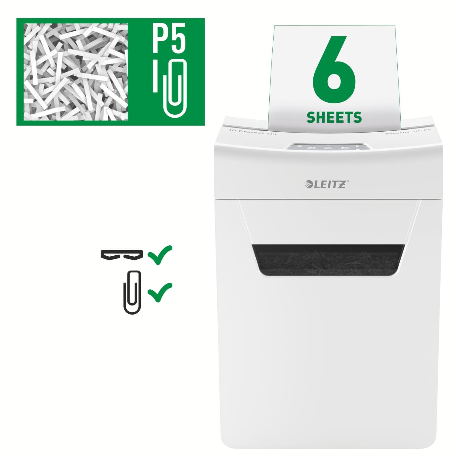 Distrugator manual documente Leitz IQ Protect 6M, 6 coli, P5, micro-cut (tip particule), cos 18 litri, alb, Leitz "80950000" — miniatură