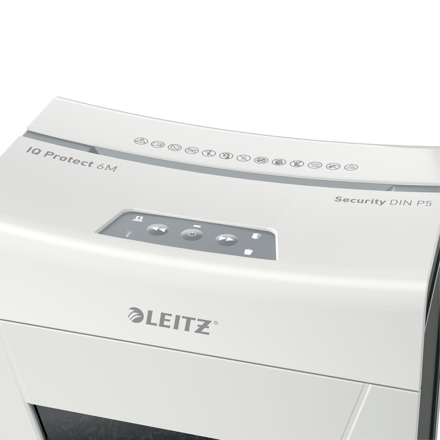 Distrugator manual documente Leitz IQ Protect 6M, 6 coli, P5, micro-cut (tip particule), cos 18 litri, alb, Leitz "80950000" — miniatură