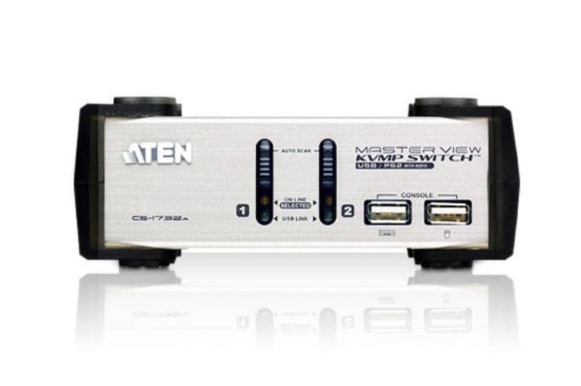 SWITCH KVM si HUB USB ATEN, control 2 PC la 1 KVM, conector 1: SPHD-15 (M) x 2, 3.5 mm Jack (M) x 4; conector 2: USB (M) x 4, VGA (M), 3.5 mm Jack (M) x 2, "CS1732AC-AT" — miniatură