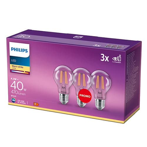 SET 3 becuri smart LED Philips, soclu E27, putere 4.3W, forma clasic, lumina toate nuantele de alb, alimentare 220 - 240 V, "000008718699665043" — miniatură