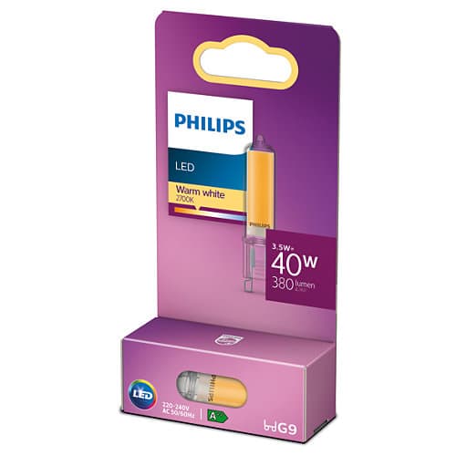 BEC LED Philips, soclu G9, putere 3.5W, forma tub, lumina alb calda, alimentare 220 - 240 V, "000008718699758585" — miniatură