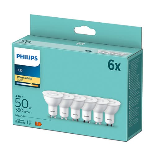 SET 6 becuri LED Philips, soclu GU10, putere 4.7W, forma plat, lumina alb calda, alimentare 220 - 240 V, "000008719514394032" — miniatură