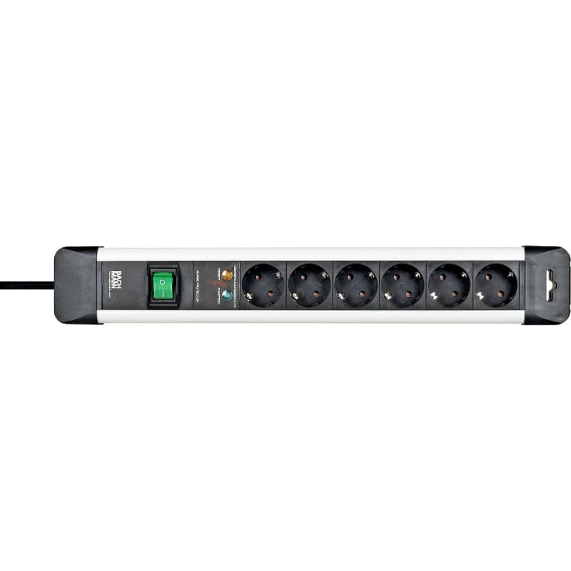 PRELUNGITOR Bachmann, Schuko x 6, conectare prin Schuko (T), cablu 5 m, protectie supratensiune | protectie copii, negru | argintiu, "330.104-2"