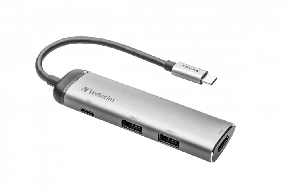 DOCKING Station VERBATIM, USB 3.0 x 2, HDMI x 1 (4K@30Hz), USB Type C x 1, conectare USB Type C, cablu 15 cm, max. 3A, brushed metal "49140"