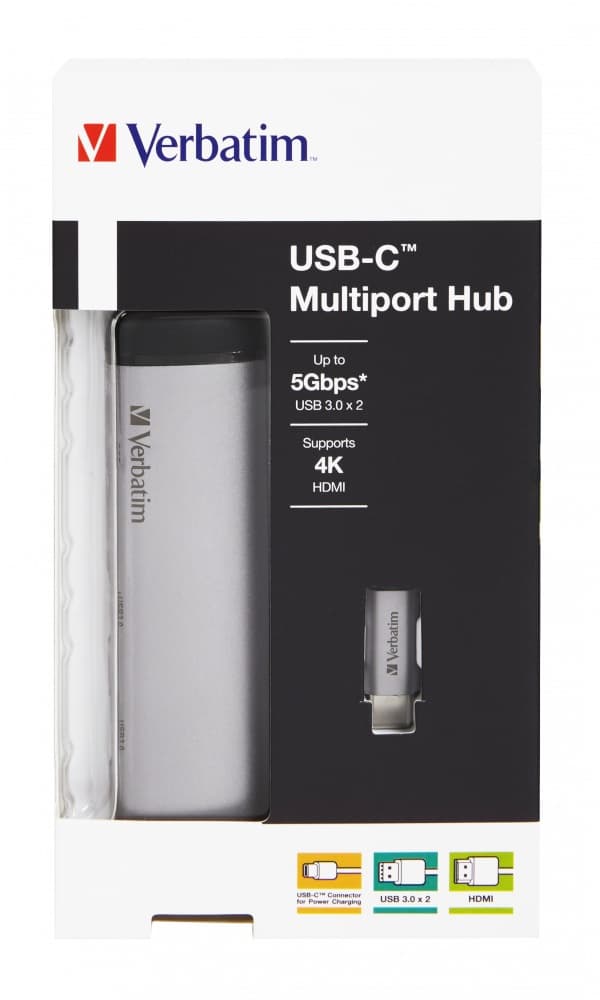 HUB extern VERBATIM, USB 3.0 x 2, HDMI x 1 (4K@30Hz), USB Type C x 1, conectare USB Type C, cablu 15 cm, max. 3A, brushed metal "49140" — miniatură