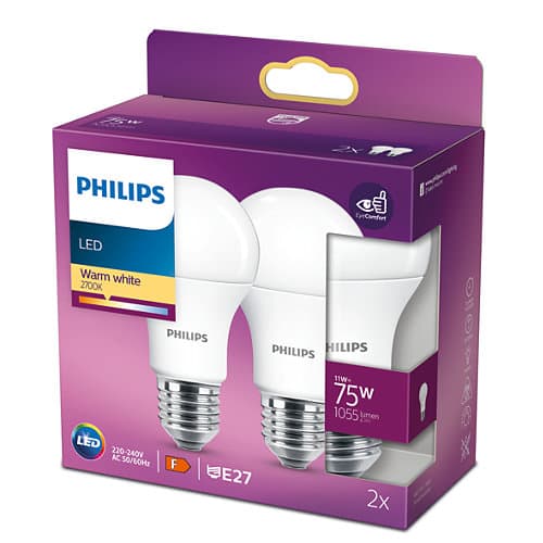 SET 2 becuri LED Philips, soclu E27, putere 11W, forma clasic, lumina alb calda, alimentare 220 - 240 V, "000008718699770204" — miniatură
