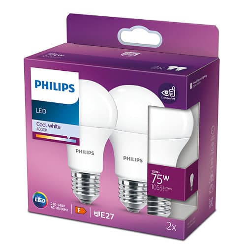 SET 2 becuri LED Philips, soclu E27, putere 10W, forma oval, lumina alb rece, alimentare 220 - 240 V, "000008718699770303" — miniatură