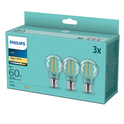 SET 3 becuri LED Philips, soclu E27, putere 7W, forma clasic, lumina alb calda, alimentare 220 - 240 V, "000008718699777777" — miniatură