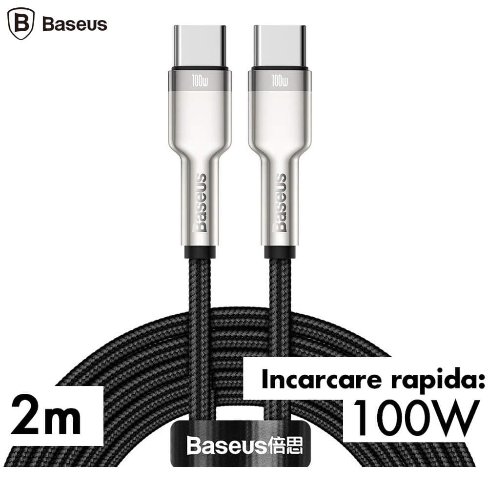 CABLU alimentare si date Baseus Cafule Metal, Fast Charging Data Cable pt. smartphone, USB Type-C la USB Type-C 100W, braided, 2m, negru "CATJK-D01" - 6953156202368