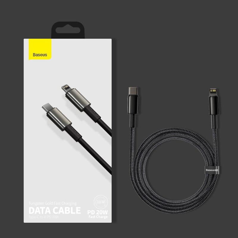 CABLU alimentare si date Baseus Tungsten Gold,Fast Charging Data Cable pt smartphone,USB Type-C la Lightning 20W,braided,1m,rezistent zgarieturi,negru"CATLWJ-01"-6953156232037 — miniatură
