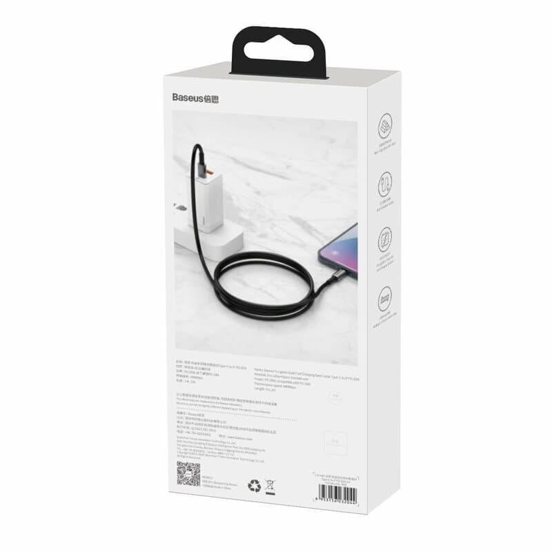 CABLU alimentare si date Baseus Tungsten Gold,Fast Charging Data Cable pt smartphone,USB Type-C la Lightning 20W,braided,1m,rezistent zgarieturi,negru"CATLWJ-01"-6953156232037 — miniatură