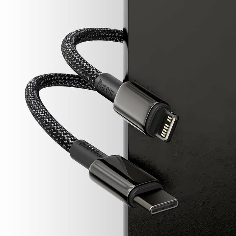 CABLU alimentare si date Baseus Tungsten Gold,Fast Charging Data Cable pt smartphone,USB Type-C la Lightning 20W,braided,1m,rezistent zgarieturi,negru"CATLWJ-01"-6953156232037 — miniatură