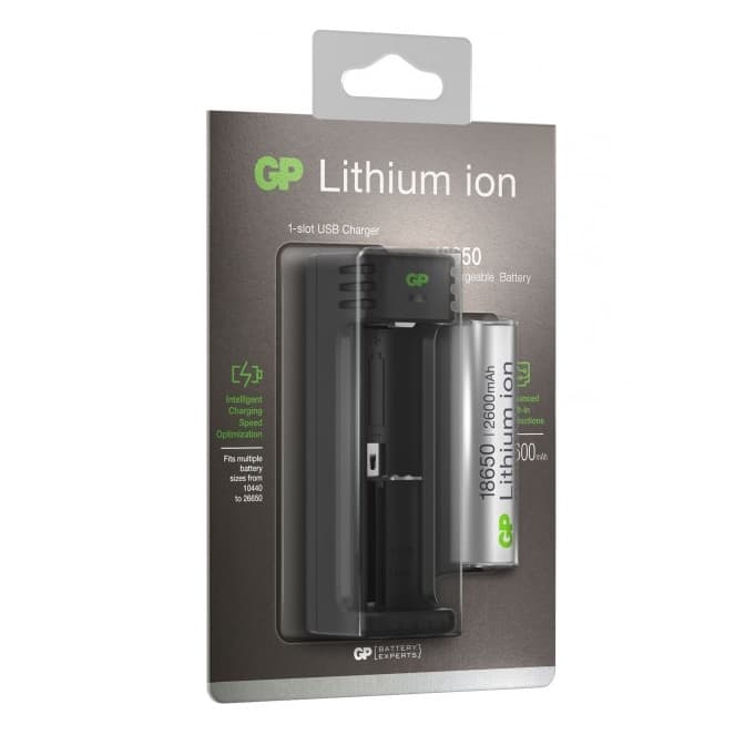 Incarcator GP Batteries, compatibil Li-Ion, 1 slot incarcare, 1 x acumulator 18650 2600mAh inclus, incarcare USB, "GPACEL111000" — miniatură