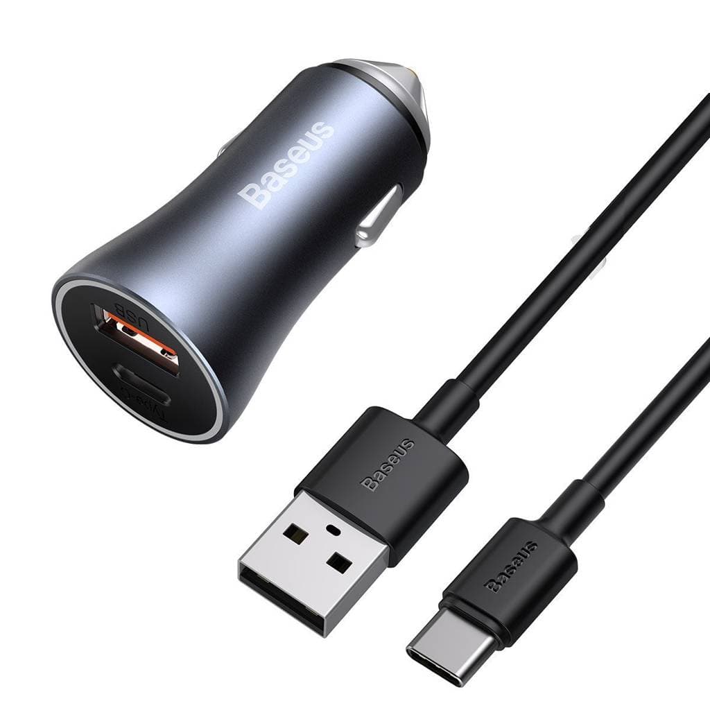 INCARCATOR auto Baseus Golden Contactor,1xUSB Output 5V/3A si 1xUSB Type-C Output 5V/3A,40W,cablu 5A USB la USB Type-C de 1m,pt. bricheta auto,gri "TZCCJD-0G"-6953156201958