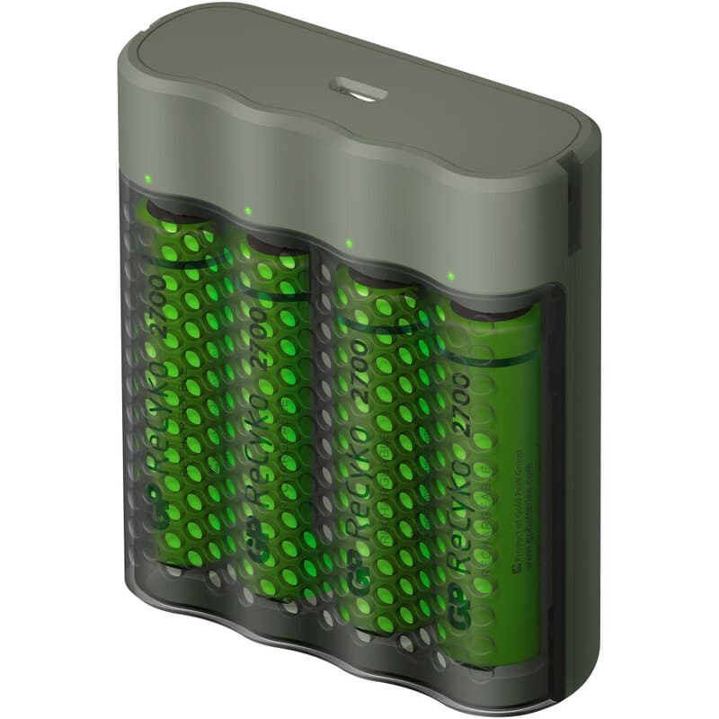 Incarcator GP Batteries, Recyko compatibil NiMH (AA/AAA), include 4 x 2700 mAh AA (R6), incarcare USB, 4 LED-uri indicare incarcare, "GPM451/270AAHCE-2EB4" "GPACSM451002"