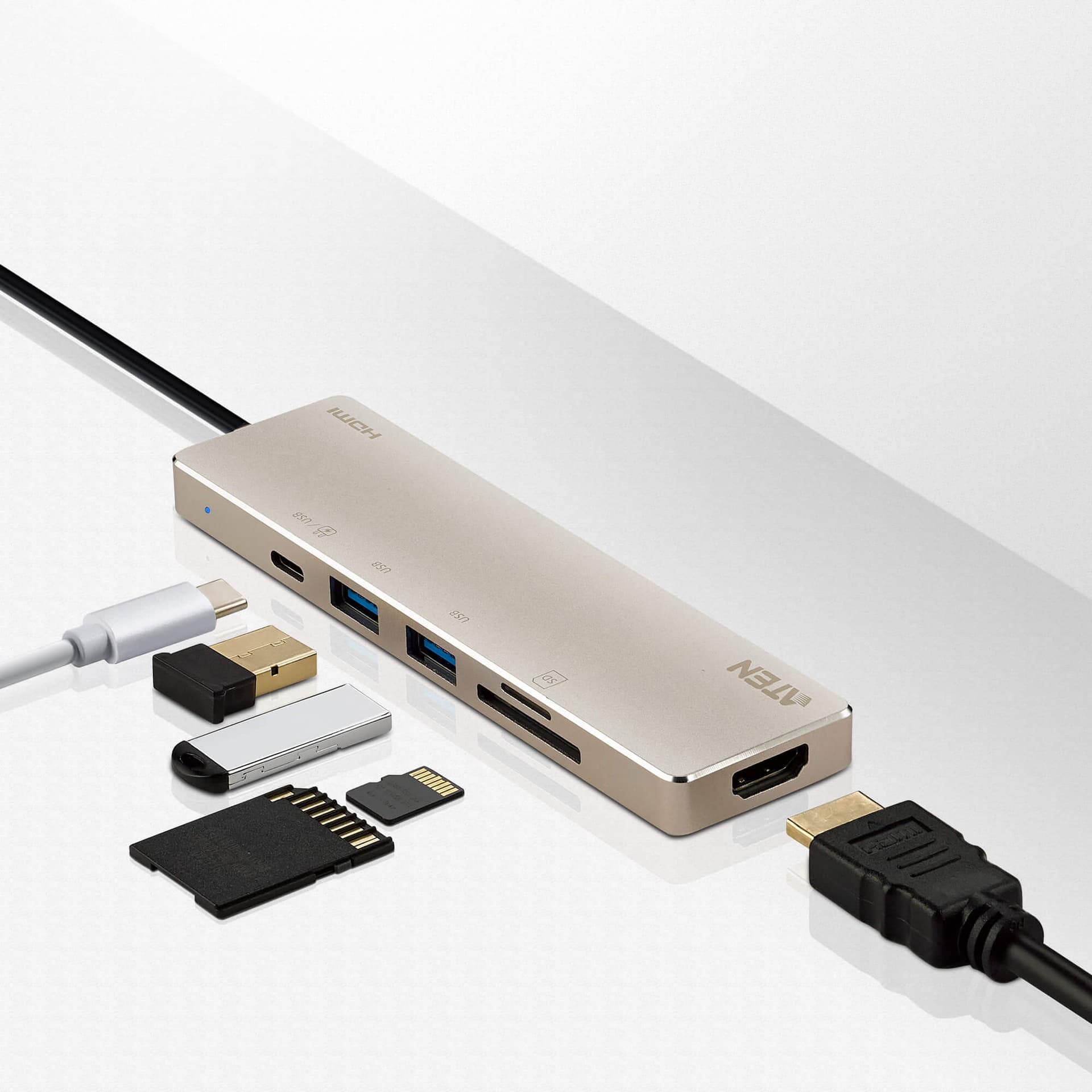 DOCKING Station ATEN universal, conectare PC USB Type C, USB 3.1 x 2, USB Type C x 1, card reader SD/microSD x 1, HDMI x 1, NB 60 W, gri, "UH3239-AT" — miniatură