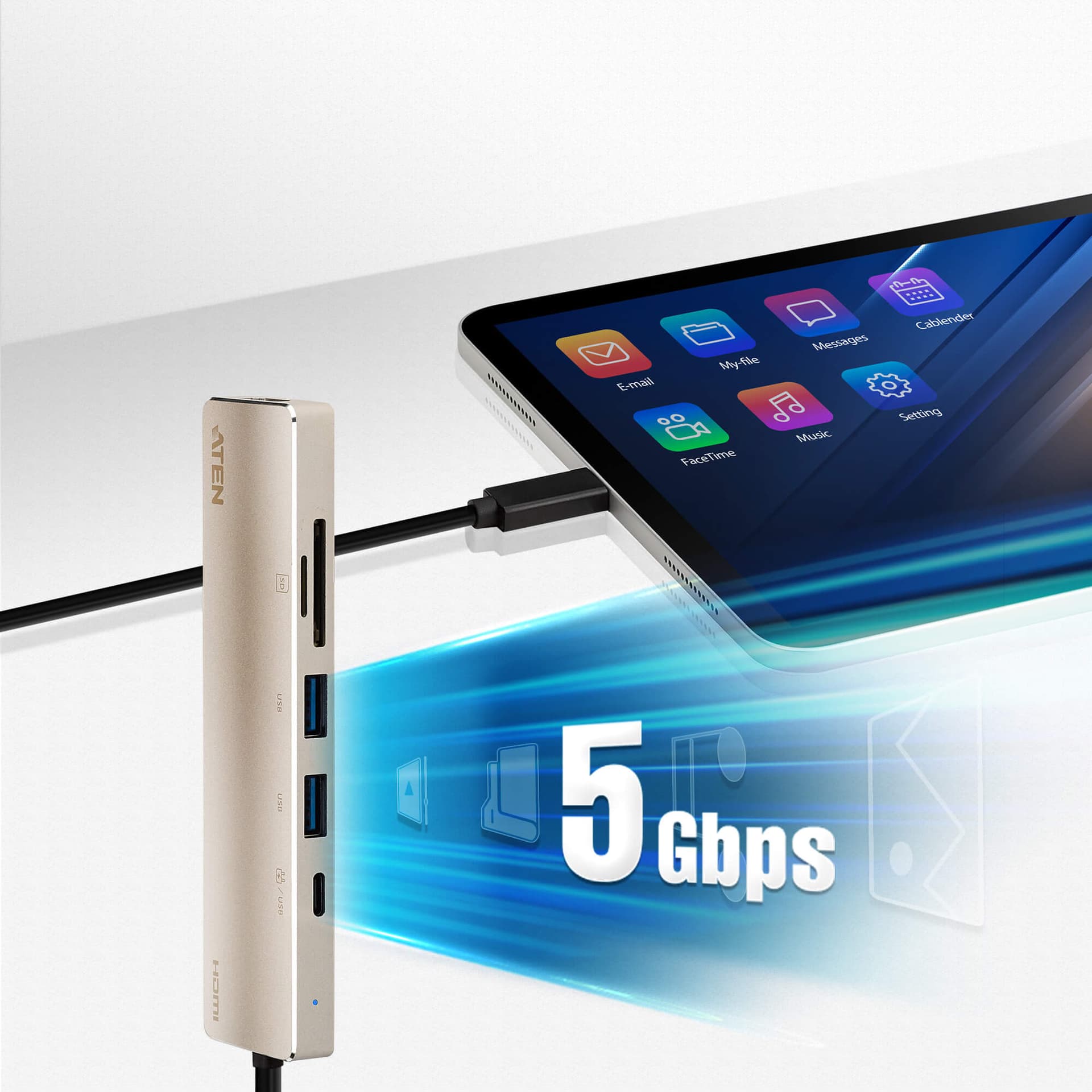 DOCKING Station ATEN universal, conectare PC USB Type C, USB 3.1 x 2, USB Type C x 1, card reader SD/microSD x 1, HDMI x 1, NB 60 W, gri, "UH3239-AT" — miniatură