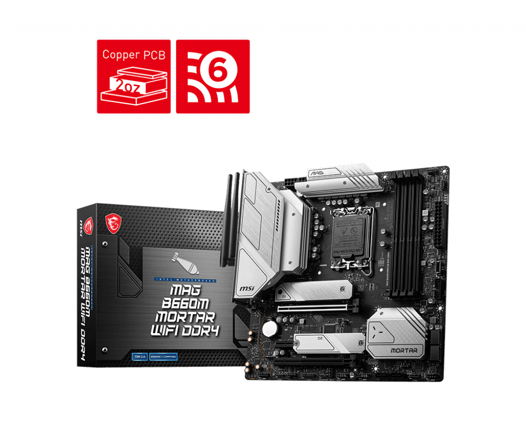 PLACA de BAZA MSI "MAG B660M MORTAR W", skt LGA 1700, mATX, Intel B660, 4 x DDR4, max. 128 GB, 4 x SATA, 2 x M.2, 7.1, "MAG B660M MORTAR W" — miniatură