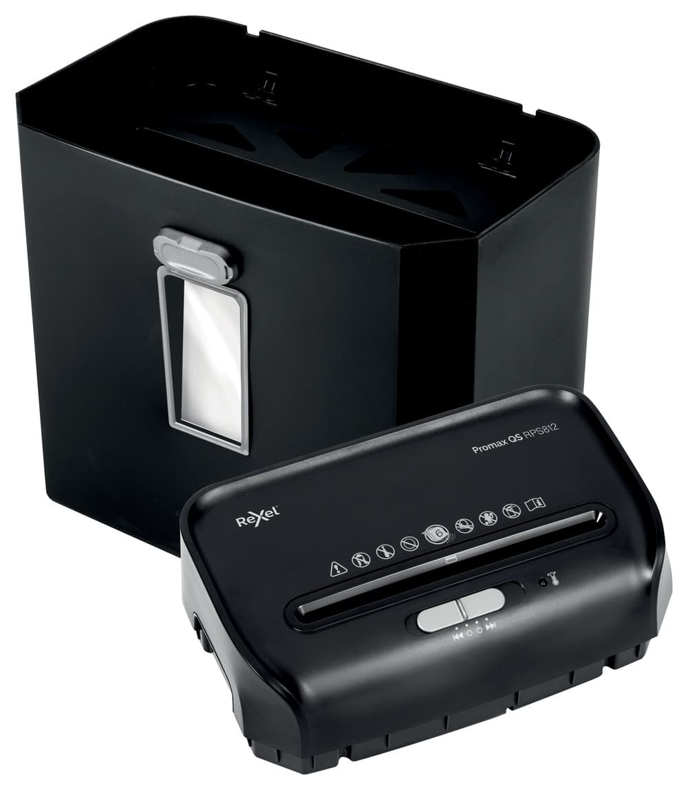 Distrugator manual documente Rexel PROMAX QS RPS812, 8 coli, P2, strip-cut (tip fasii), cos 12 litri, negru, "2104580EU" — miniatură